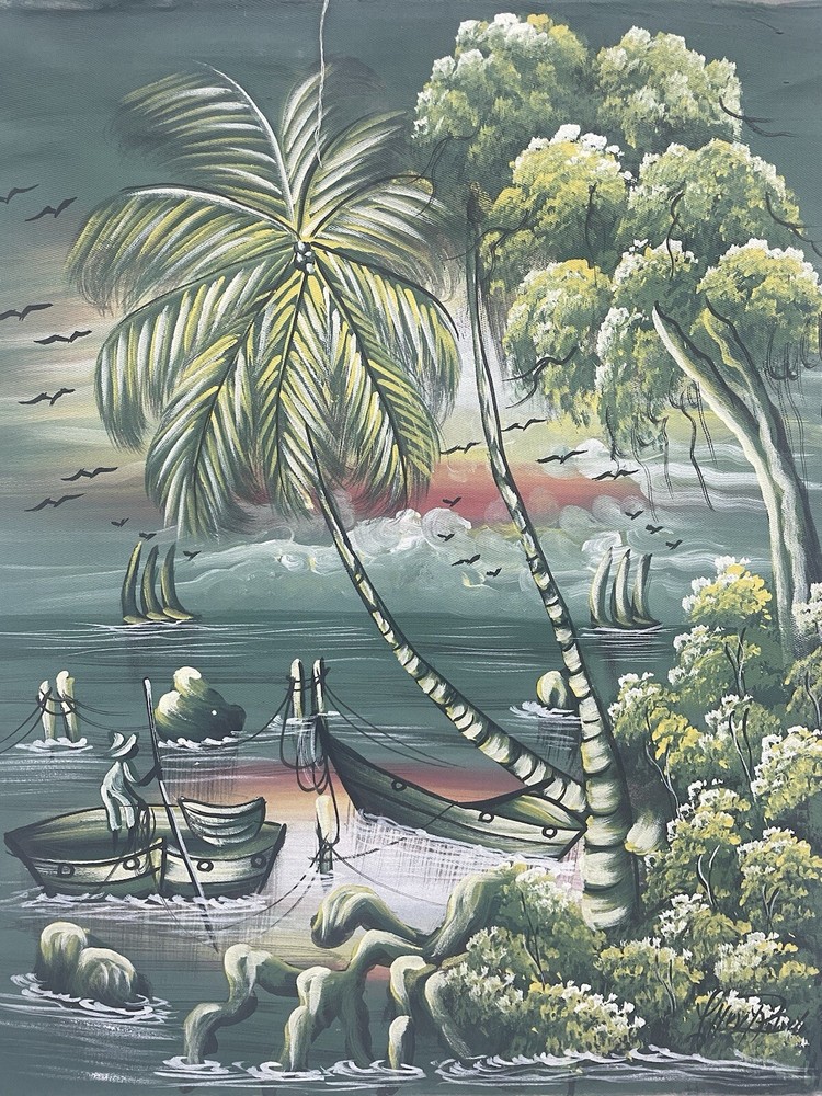 Original Haitian oil hand painting 20inx24in men fishing in jungle wildlife