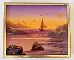 Early Work By Brazilian Artist Rutenilton Melo 9 x 7.5 Sailboat Sea Cove