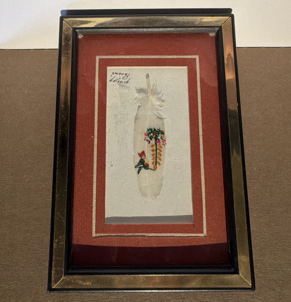 Panamá Signed Hummingbird & Flowers Feather Painting Matted Framed