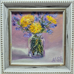Original autographed oil painting in a frame. Dandelions. Impressionism. 4×4 inc