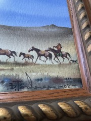 Damba Tsolmon – Original Framed Watercolor Horses and Yurt – Mongolian Art -2002