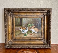 Vintage Original Bunny Rabbit Painting Chunky 3.25” Ornate Gilded frame 22×26”