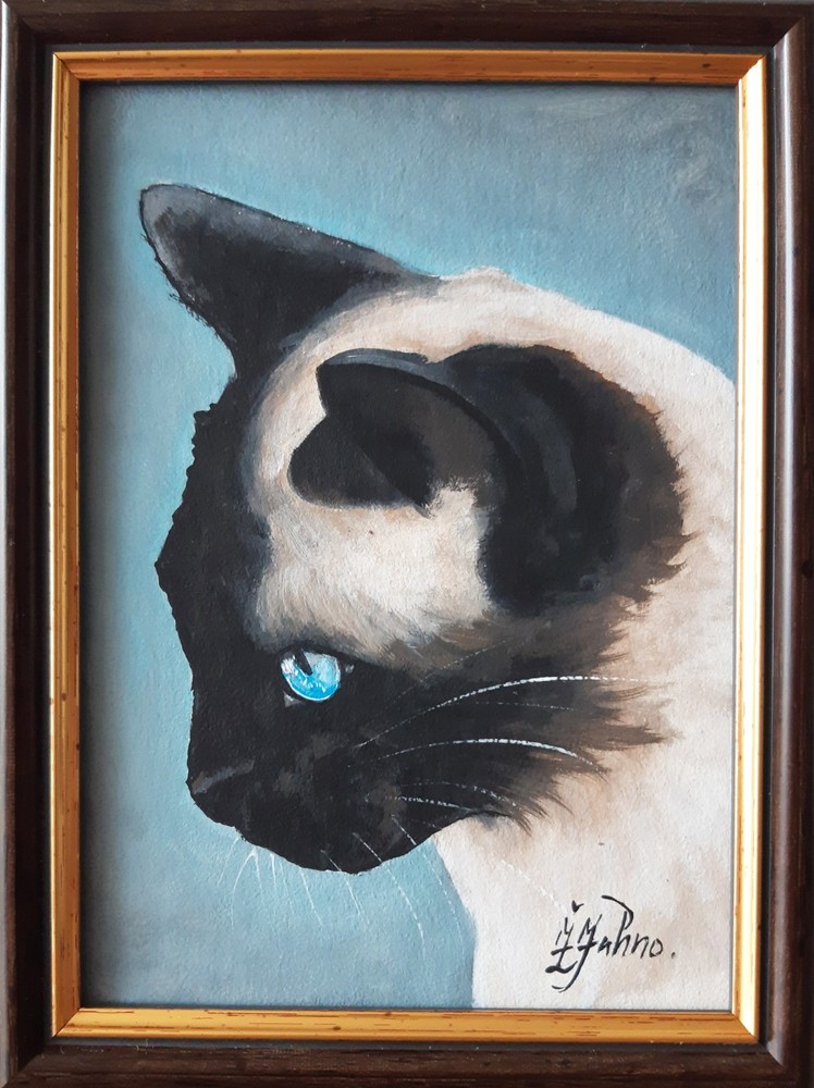 Siamese Cat Painting Pet Original Art Framed 7 by 5 Cat Blue Eyes Oil Painting