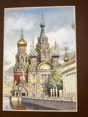 Original Russian ST PETERSBURG CHURCH OF SAVIOR Watercolor 11”W 13”T Signed