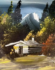 Vintage Hand Painted Signed Tin Metal Pan Bowl Log Cabin Mountain Scene 7”