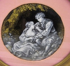 Antique Limoges enamel painting after Boucher Pastoral roundel 6.5” frame round