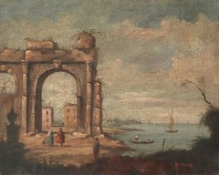 ANGELO DE MOMI Signed Vtg c1960s Italian Painting ITALIAN ROMAN RUINS ON THE BAY