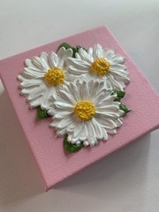 Art Handmade 3D Acrylic Painting – White Daisies on Pink Canvas 4×4 inches