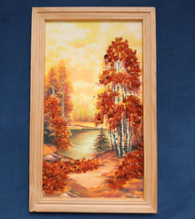 Painting From Amber Stones Autumn Landscape – 27×17 cm – 174 g Handmade Ukraine