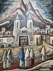 RAPHAEL MOISES MEXICO MODERNIST OLD MISSION MURAL STYLE MID CENTURY PAINTING