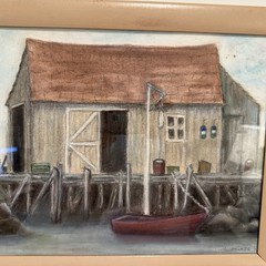 Original Coastal Harbor Painting Signed L. Minte Fishing Shack Dock Nautical
