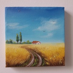 Golden Wheat Field Farmhouse Original Oil Painting Country Landscape Wall Decor