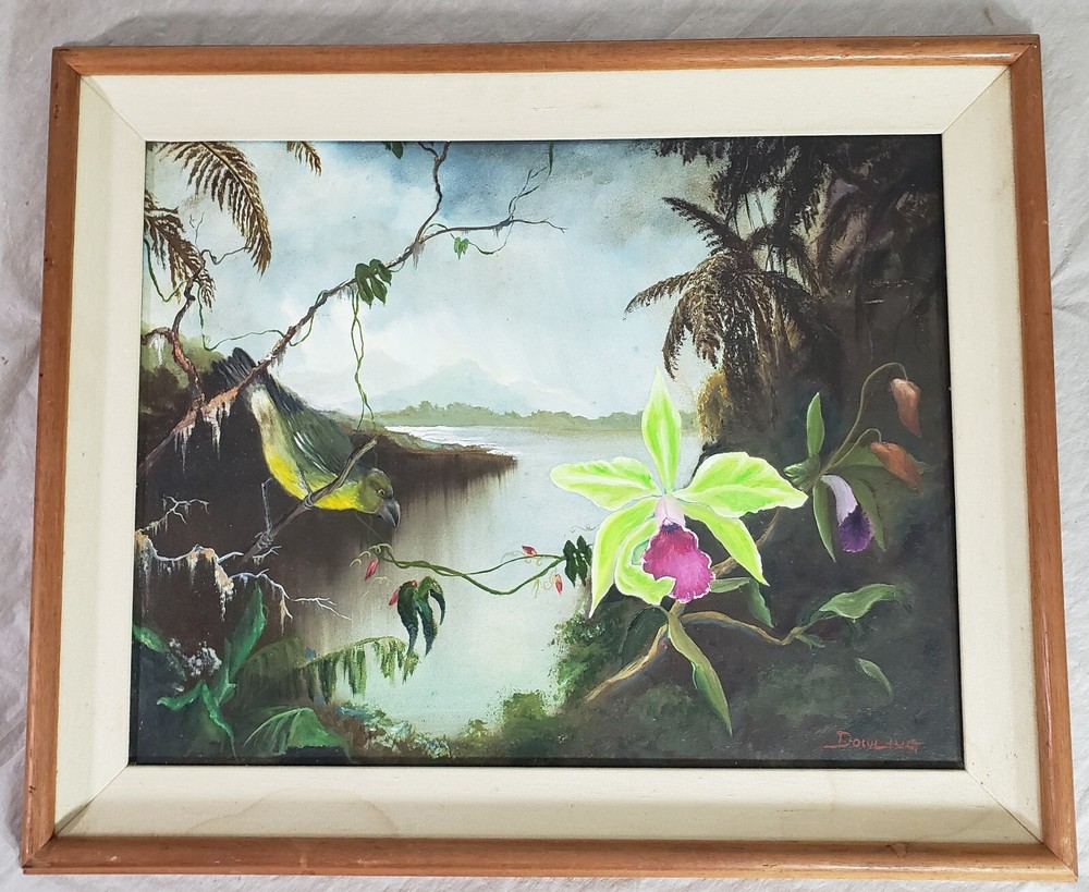 Vintage Signed Dowling Painting Orchid Tropical Orchid Bird after Martin Heade