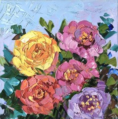 Original Art Oil Painting Pink Peonies Flowers Artwork on Canvas 30x30cm