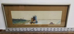 Vintage Original Watercolor Sailboat in Harbor Mabele Walkey 1909 Signed 15×4″