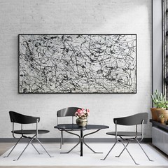 XXL Jackson Pollock Style Black & White Abstract Art Textured Painting 78×39 in