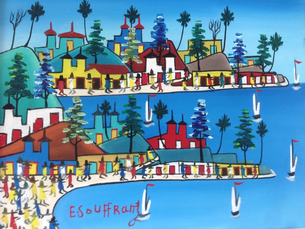 Edgard Souffrant Haitian Canvas Painting Signed Framed 11 1/4 „x 9 1/4“ Folk Art