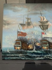 Vintage Nautical Oil Painting Ship Battle Signed J Harvey Maritime Wall Art