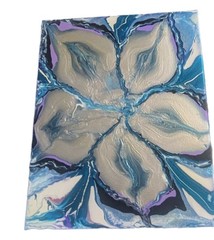 Abstract Fluid Pour Painting Teal Silver Acrylic 8″ x 10″ Home Decor Wall Art
