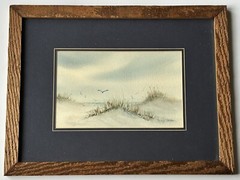 Vintage Watercolor Beach Landscape with Sand Dunes Sea Gulls, Signed, 18” x 14”