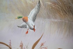 Beautiful Vintage Painting of Ducks Flying over Lake w. Long Grass Signed, Fine!
