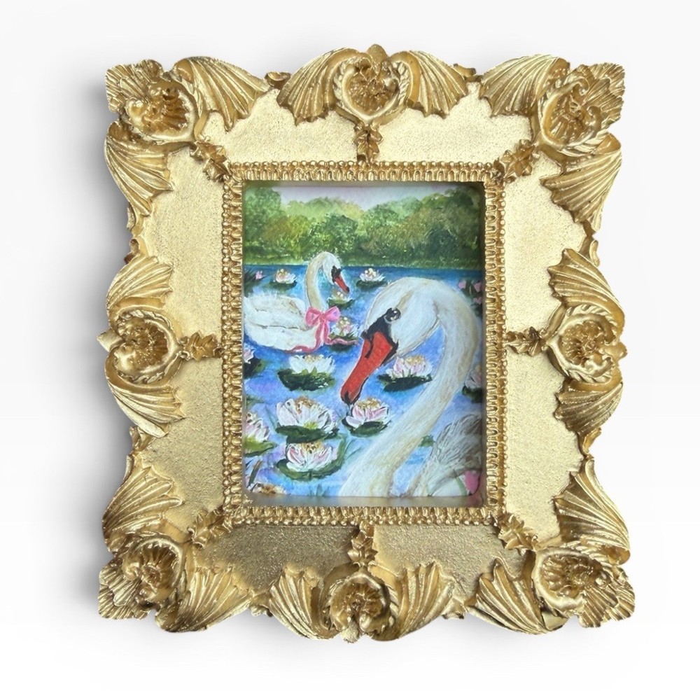 White Swan mini Landscape watercolor print of original painting • ornate frame