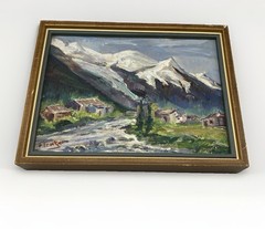 Vintage Small Original Painting Mountain Cabin Scene 13×9