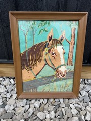 Vintage Framed Brown Horse Head Hand Painted On Felt Painting ART