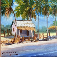 Vintage Oil Painting Seascape Ocean Palm Tree Coastal Nautical Framed Signed 90s