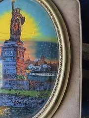 Statue of Liberty Antique USA Art Deco Glass Painting Gold Gesso Gilt Wood Frame