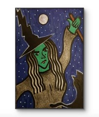 ACEO Original Witch Blak Cat Moon Spooky Acrylic & Pencil by Charlene Slie