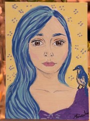 ACEO Original Painting, Woman with Bluebird, sized 3.5 in x 2.5 in