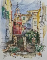 The Red Church – Corfu 9.5″x12″ watercolor original painting NOT A PRINT