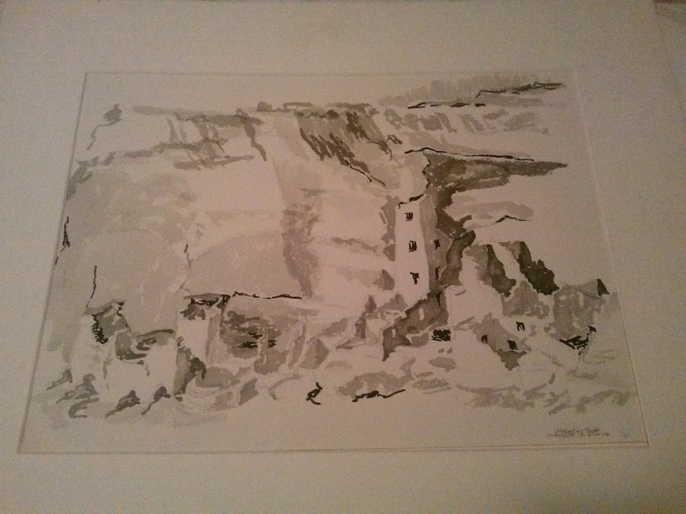 Nice Prentiss Taylor ink-wash (sumi) of Cliff Palace CO . Well listed artist