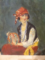 1930s Oil Painting On Board Portrait Gypsy Woman Musician * Kay Read Collection