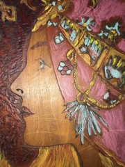 LARGE vintage PYROGRAPHY Woman portrait Mums Flemish Art Oil painting antique