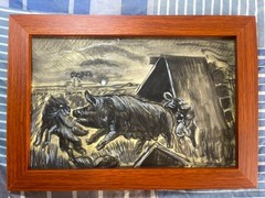 JOHN STEUART CURRY DRAWING ON ANTIQUE PAPER, FRAMED ON WOOD, SIGNED AND SEALED