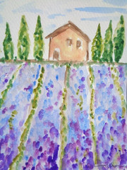 One Of A Kind – COLORFUL PRETTY LAVENDER FIELDS LANDSCAPE Watercolor Painting