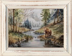 BEAR GRIZZLY Animal WILDLIFE Foggy FOREST Original Art Painting Landscape GiftA4