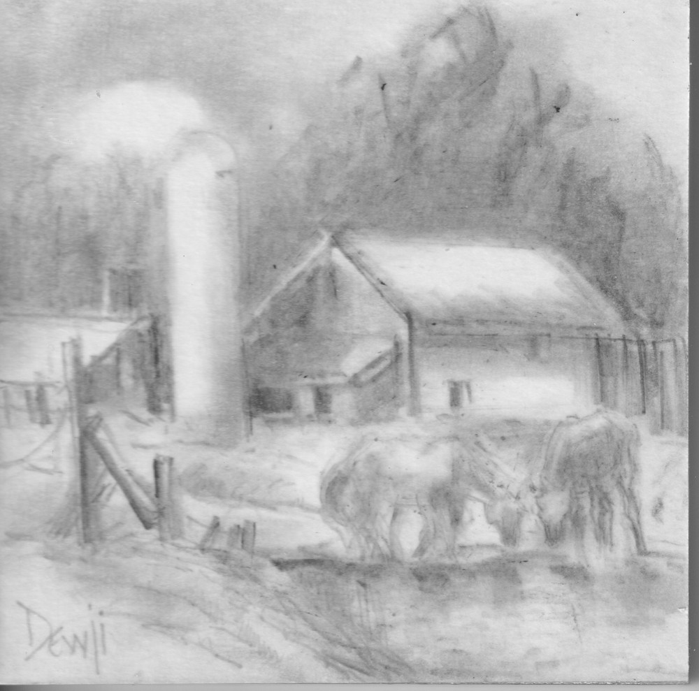 Farm 3-2026 drawing Barn, 2 horses, sun rise 4″x4″ Mounted on wood panel