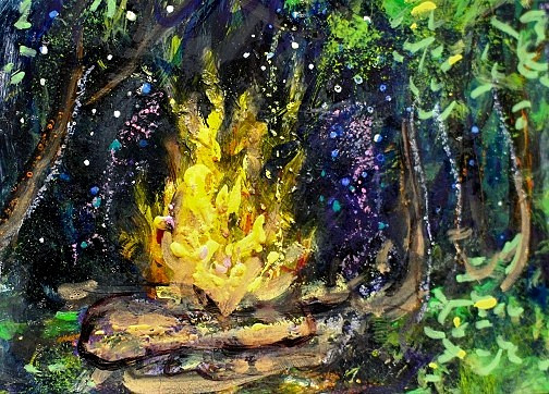 ORIGINAL ACEO Painting CAMPFIRE Night Fire TREES Woods Bonfire Camping ATC ART