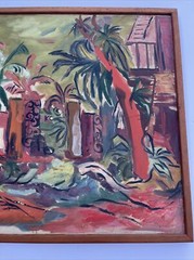 LARGE PAINTING MID CENTURY LANDSCAPE COASTAL TROPICAL PALMS MODERNIST MYSTERY