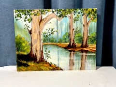 Original Soft Pastel Landscape Autumn Trees & Forest River Reflection 32.5x25cm