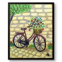 Original Hand Painted 8×10 Bicycle Flowers Acrylic Canvas Home Decor Signed