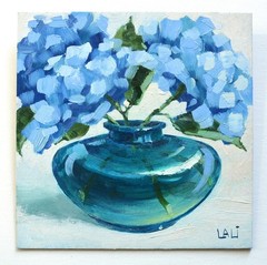 Blue Hydrangea Original Oil Painting 5″x5″ Floral Still Life Hortensia