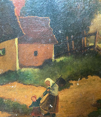 Oil Painting Sign F.Lackemann ? Village Square With Church & Houses Woman Child