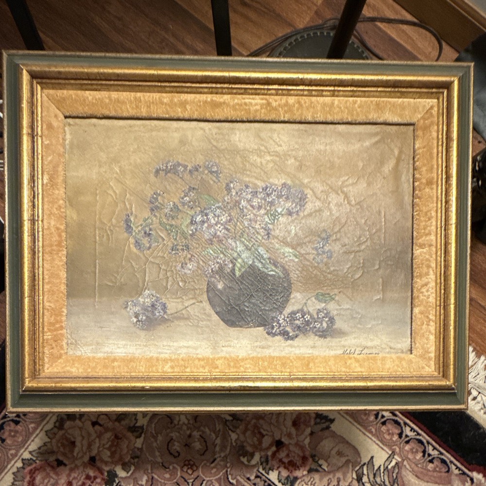 Still Life Floral Vase Canvas Painting, Framed, Signed, Crackle
