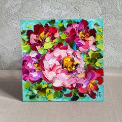 original oil painting Rose Peony Pink Red Flowers Impasto Floral art 6*6 inch