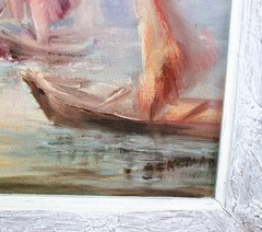VINTAGE SET 2 OIL PAINTING CANVAS PANEL SIGNED IMPRESSIONISM SEASCAPE MARINA
