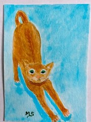 Cat Stretching, ACEO Size Print ATC Cat Kitten Art, For Cat Lovers